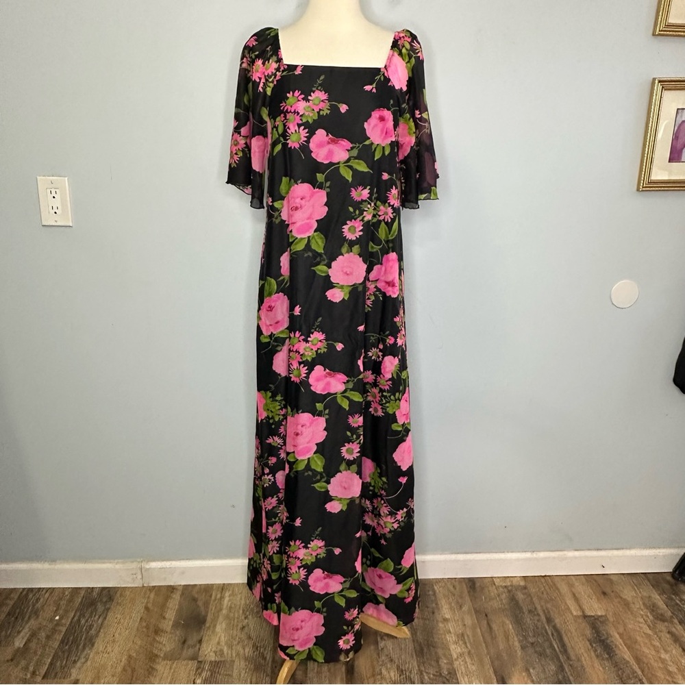 Vintage Mildred’s Of Hawaii House Of Liberty Black Pink Floral Maxi Dress 12